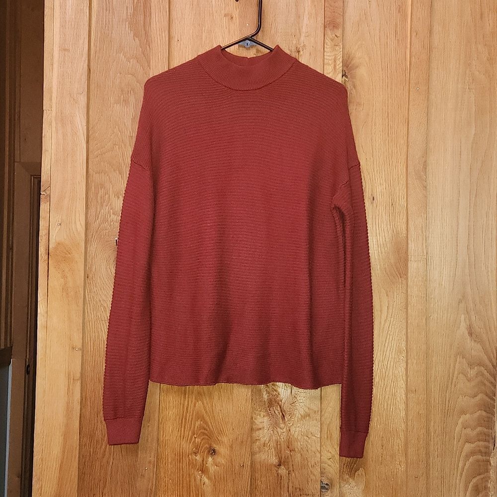 Sahalie Mock Neck Oversized Ribbed Knit Sweater, Medium, Burgundy Rust